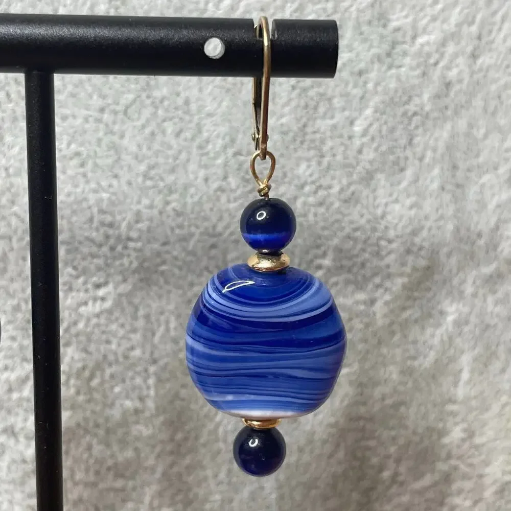 Handmade blue ceramic bead gold tone drop dangle earrings - Picture 3 of 5
